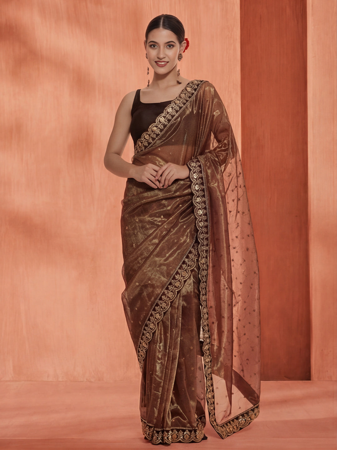 Brown Sequin Embroidered Net Party Wear Saree