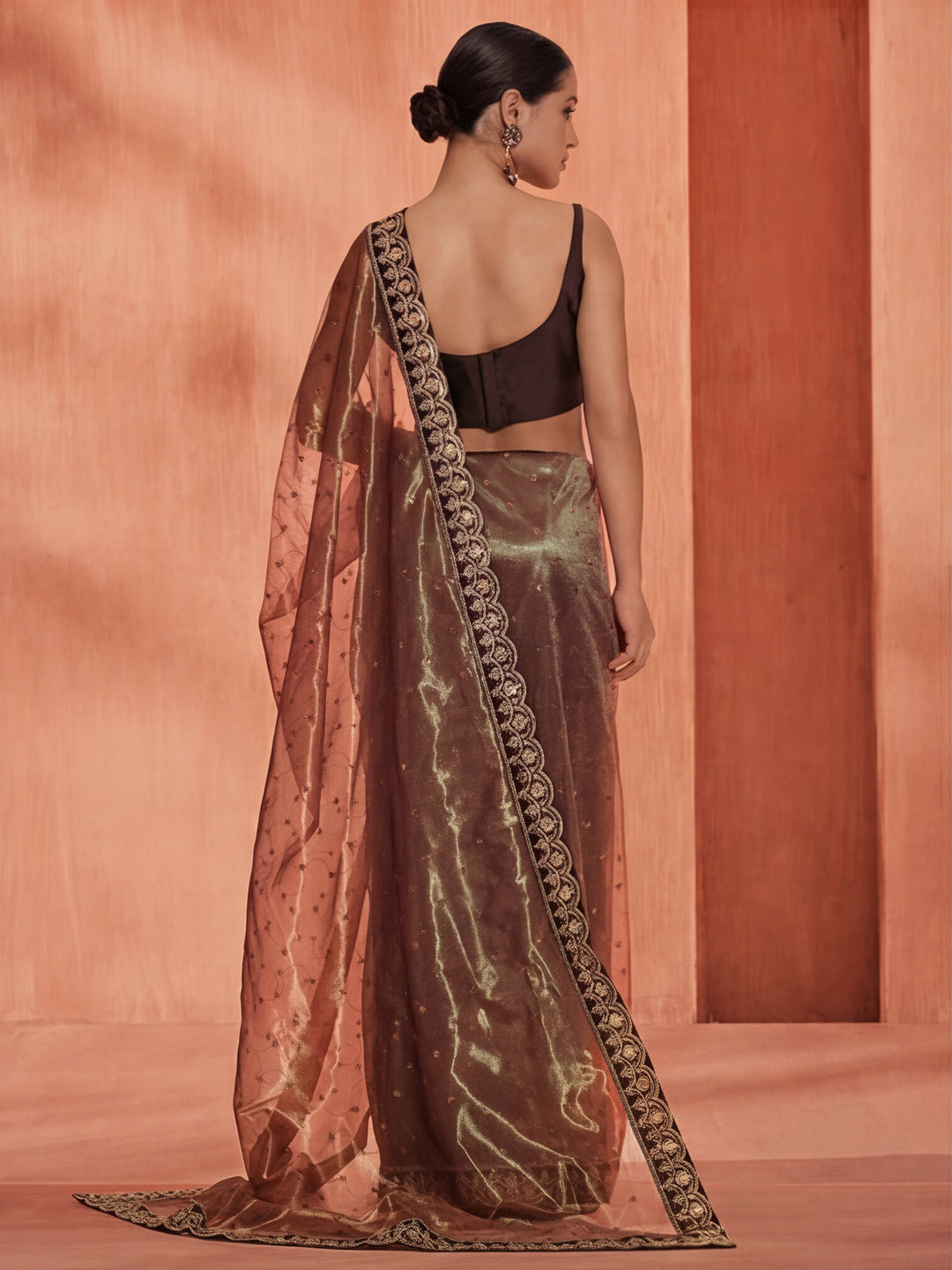 Brown Sequin Embroidered Net Party Wear Saree