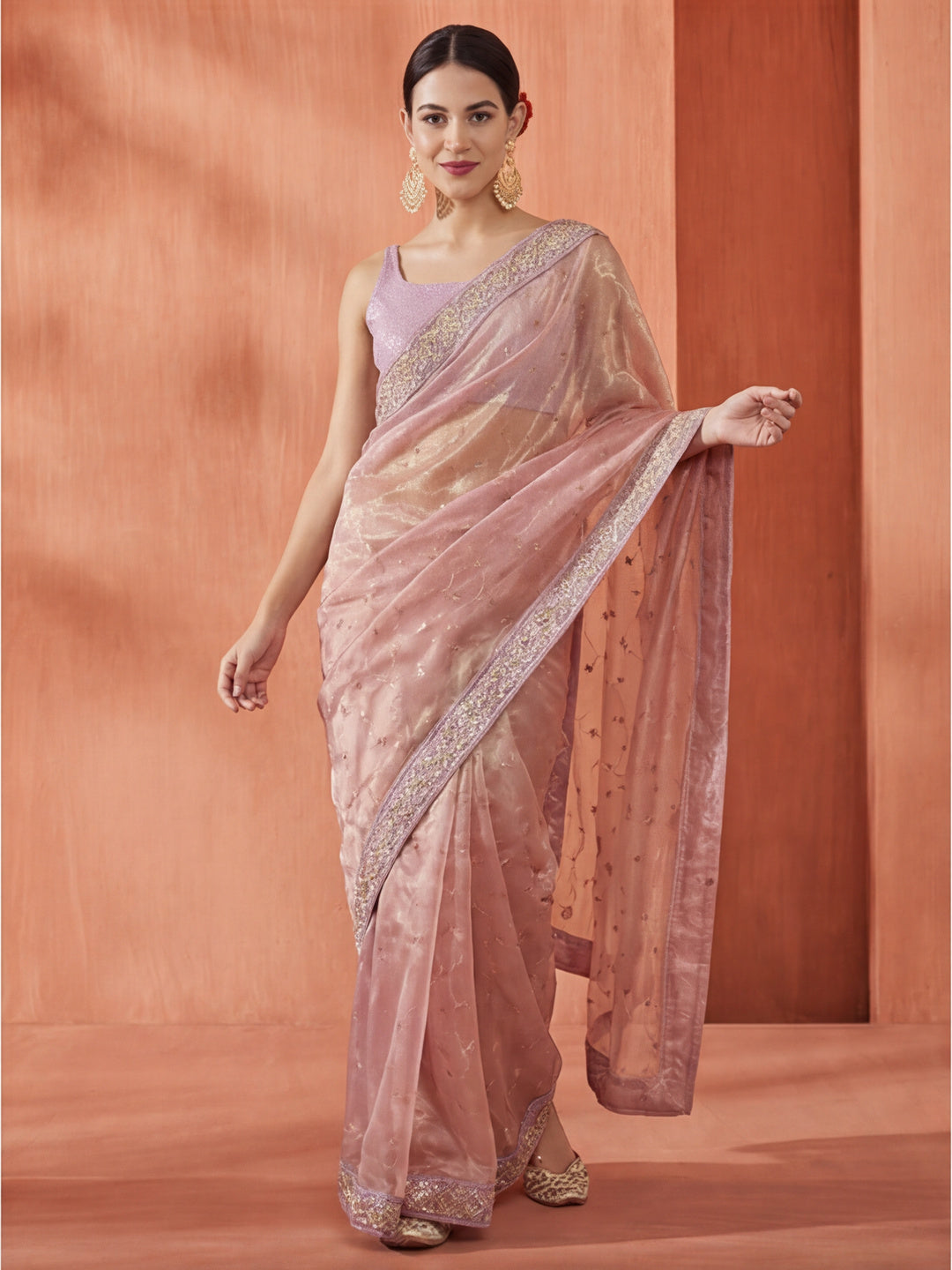 Pink Sequin Embroidered Net Party Wear Saree