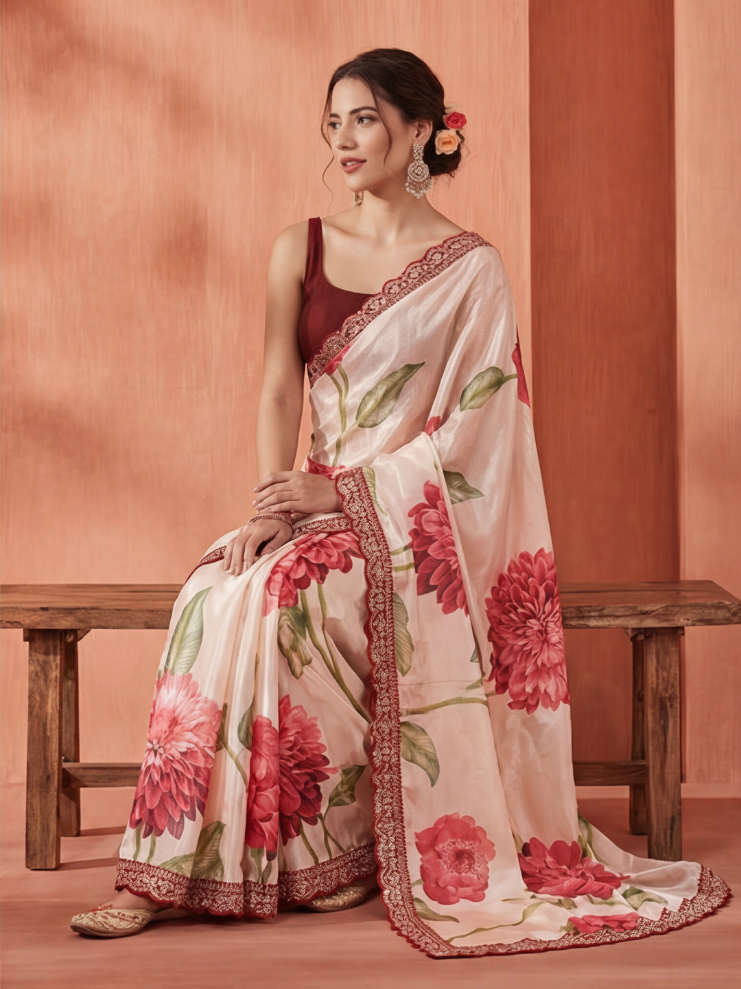 Floral Printed Fancy Lace Satin Saree