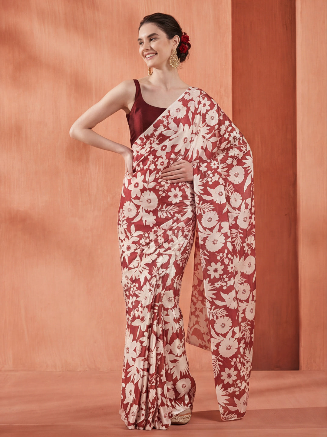 Maroon Floral Printed Japan Silk Saree
