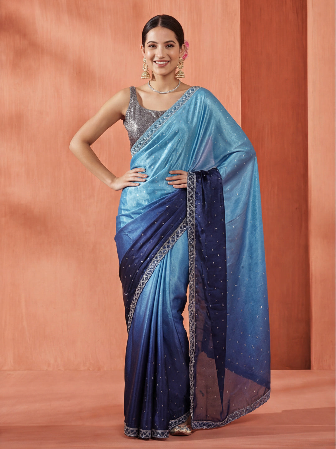 Satin Siroski Work Party Wear Blue Saree