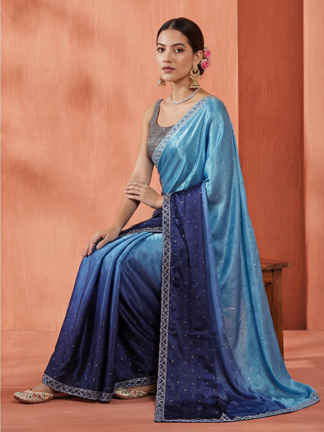 Satin Siroski Work Party Wear Blue Saree