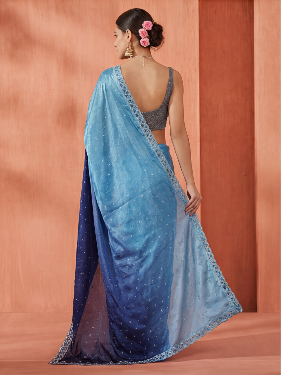 Satin Siroski Work Party Wear Blue Saree