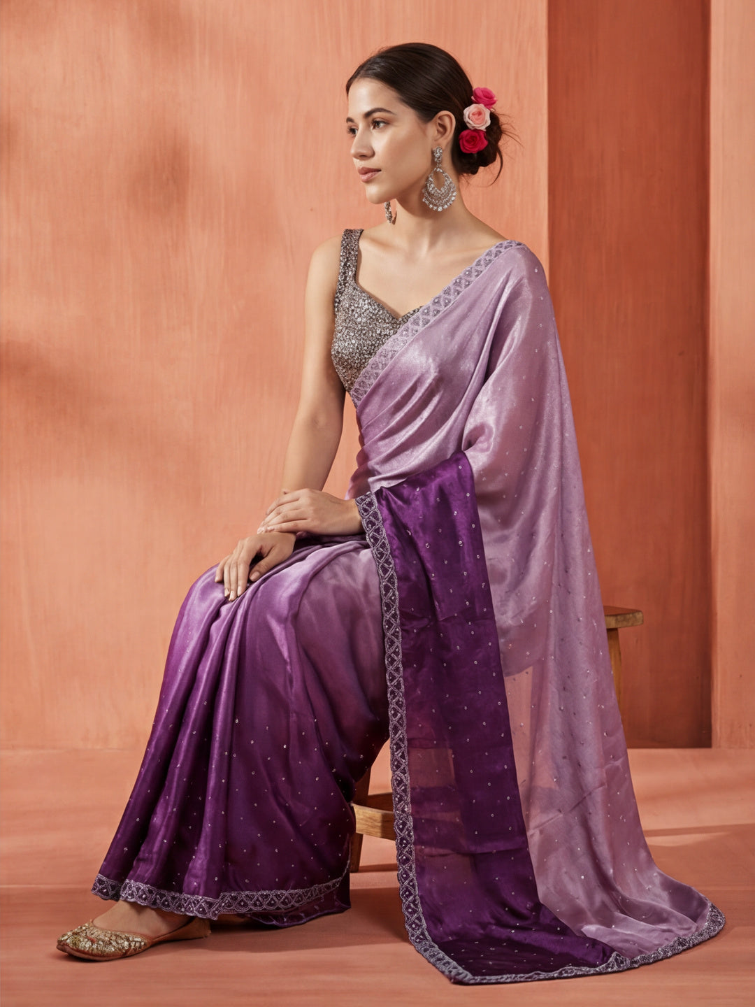 Satin Siroski Work Party Wear Lavender Saree