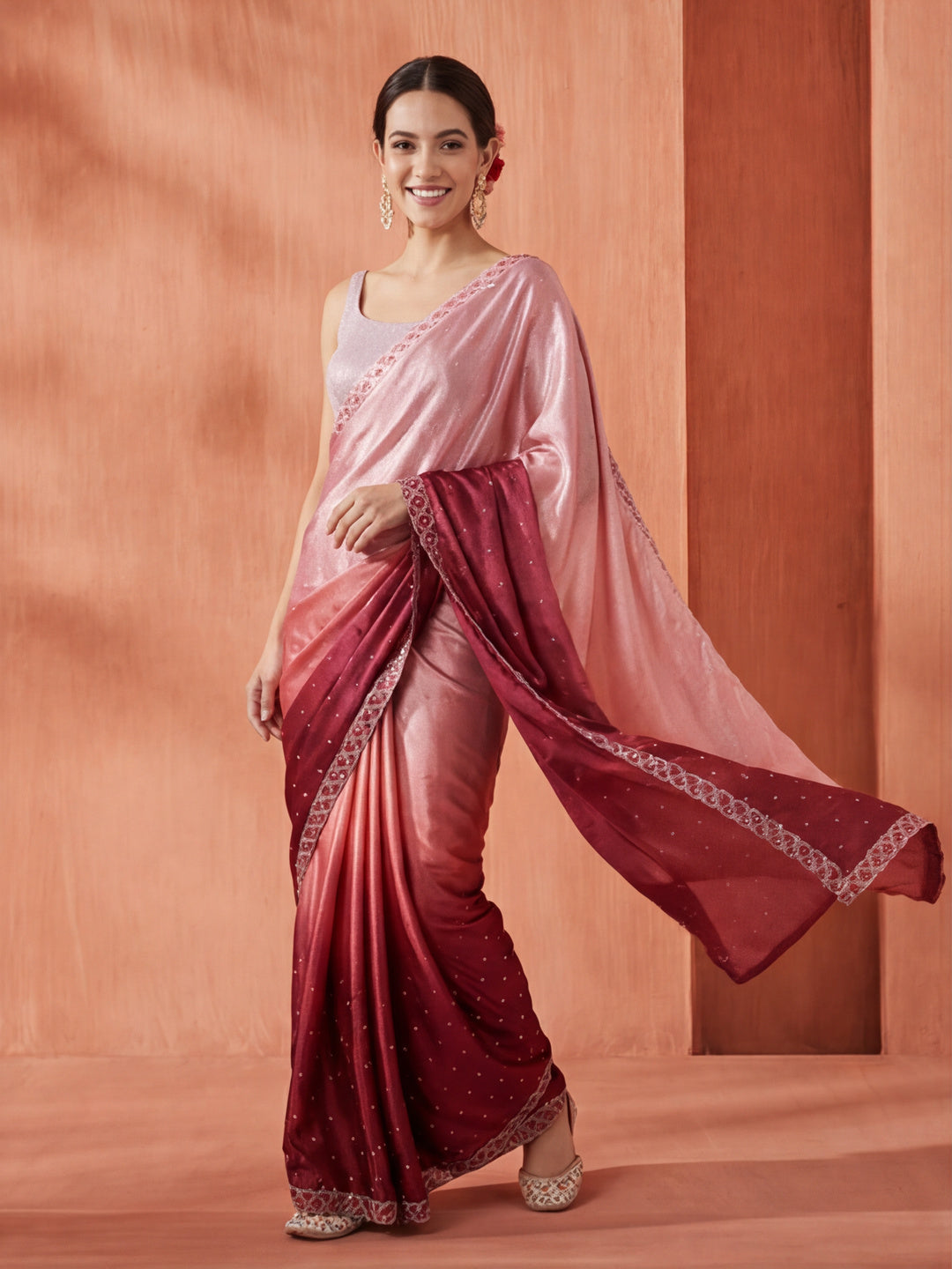 Satin Siroski Work Party Wear Pink Saree