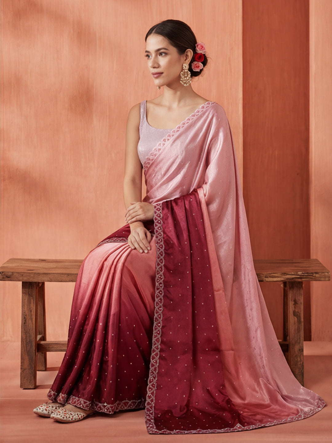 Satin Siroski Work Party Wear Pink Saree
