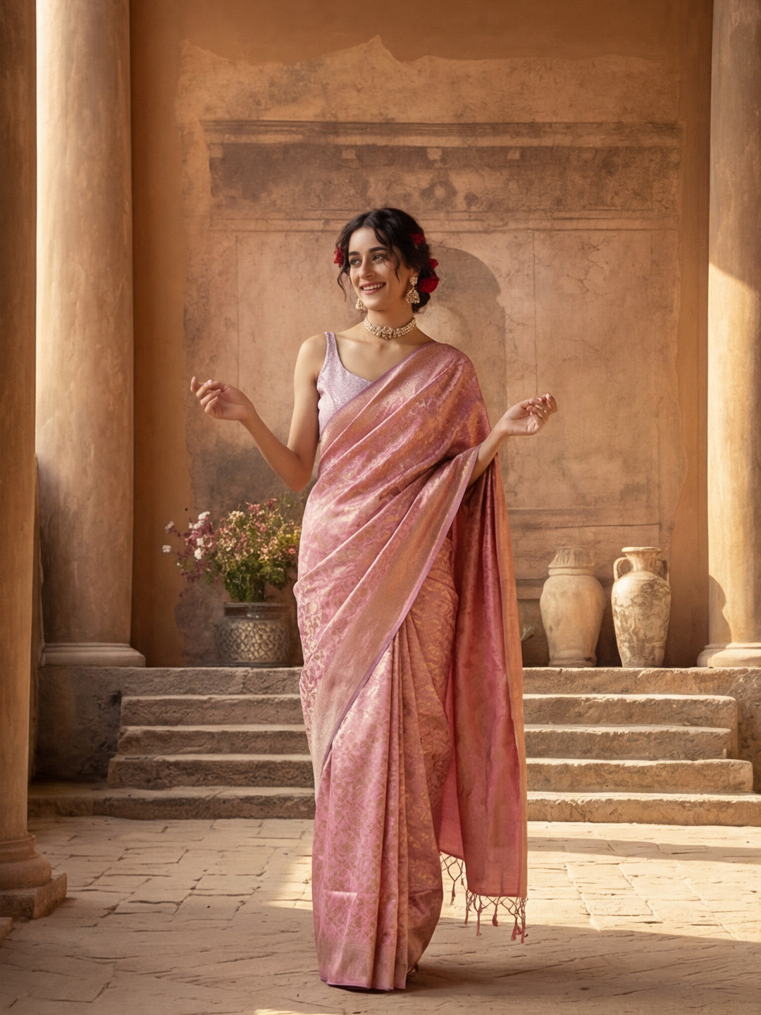 Feminine Baby Pink Banarasi Silk Saree with Weaving Work