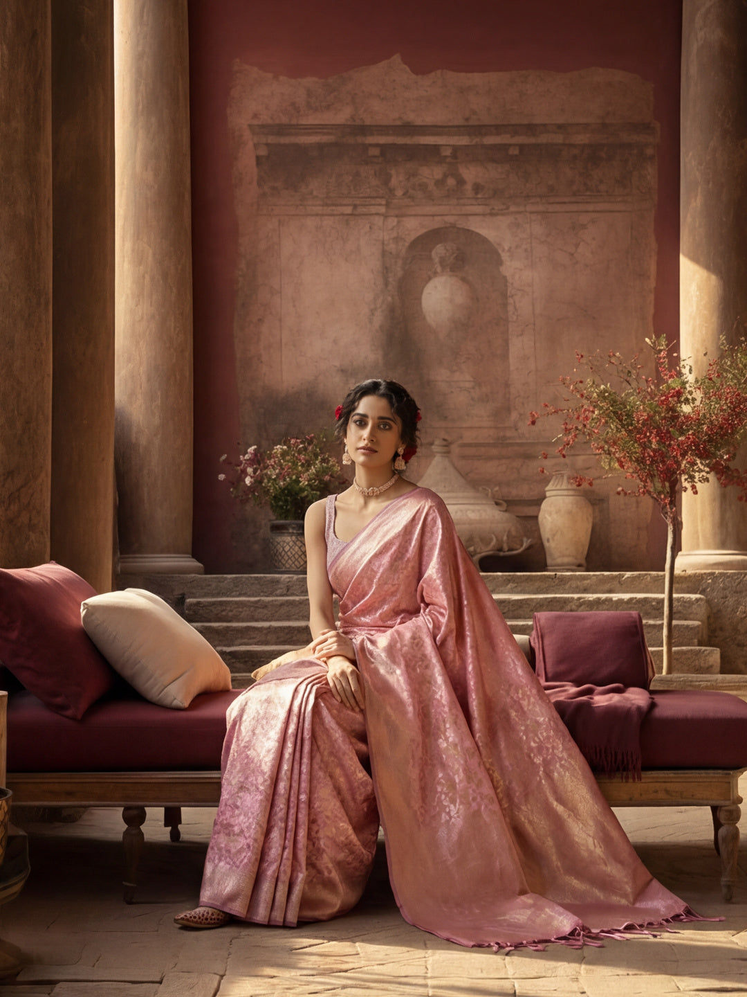 Feminine Baby Pink Banarasi Silk Saree with Weaving Work