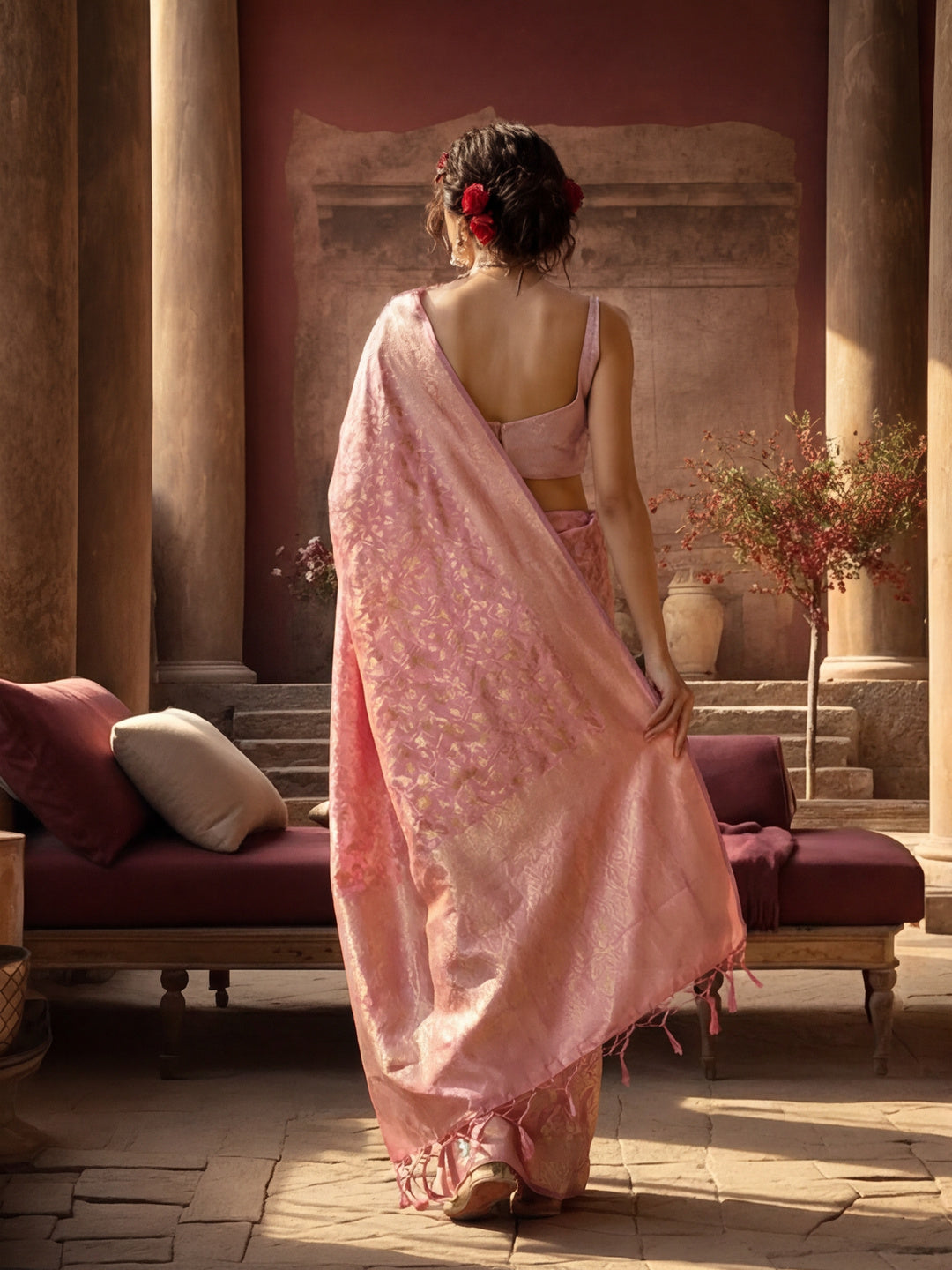 Feminine Baby Pink Banarasi Silk Saree with Weaving Work
