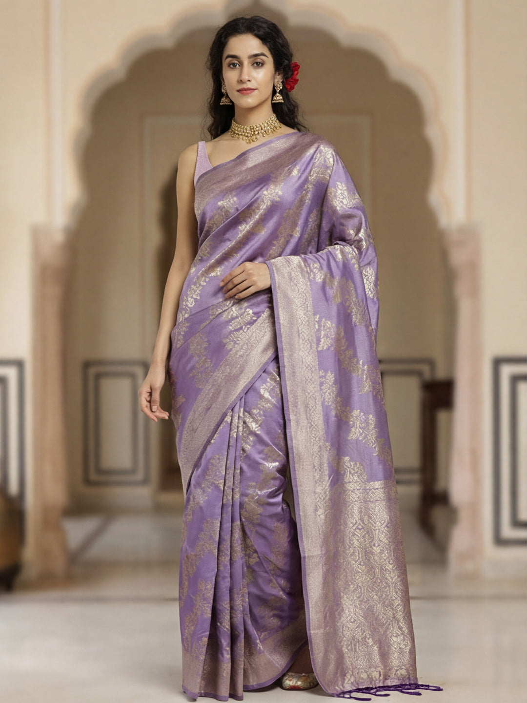 Lovely Lavender Banarasi Silk Saree with Weaving Work