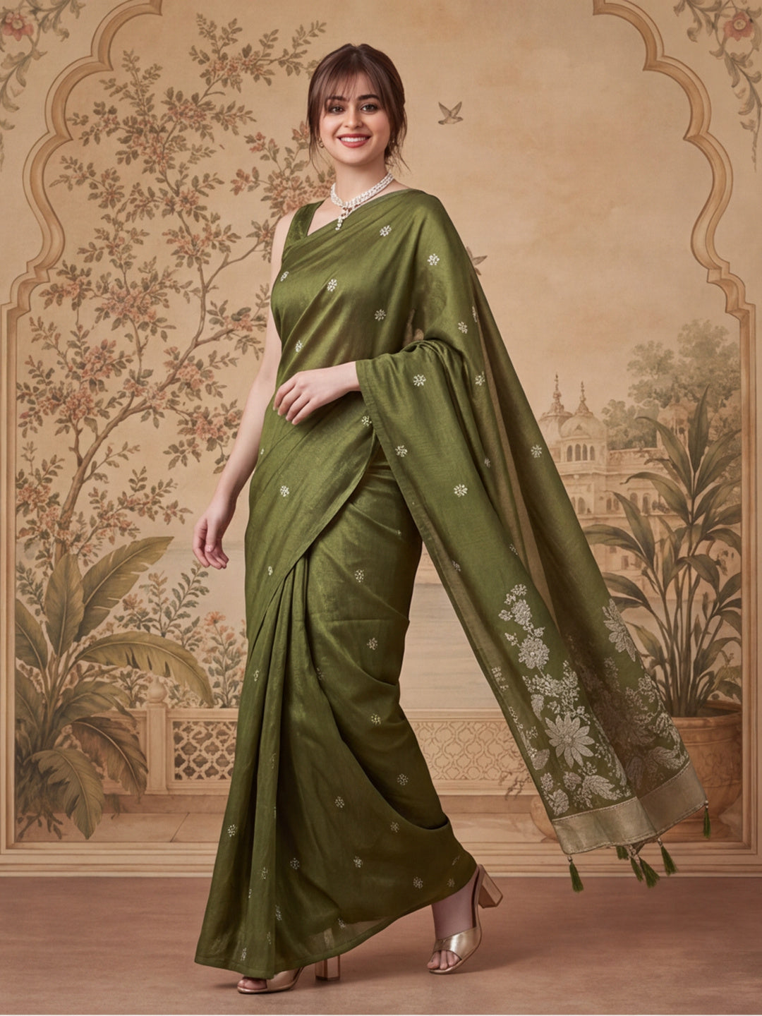 Women Olive Green Floral Woven Saree with Jacquard Border & Tassel Pallu