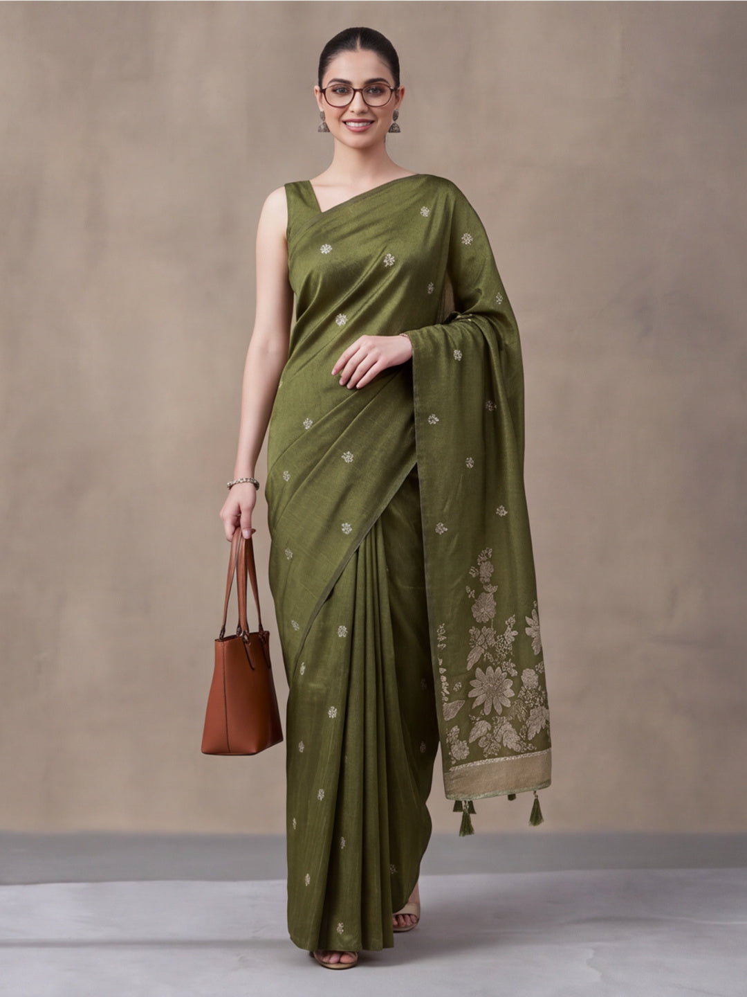 Women Olive Green Floral Woven Saree with Jacquard Border & Tassel Pallu