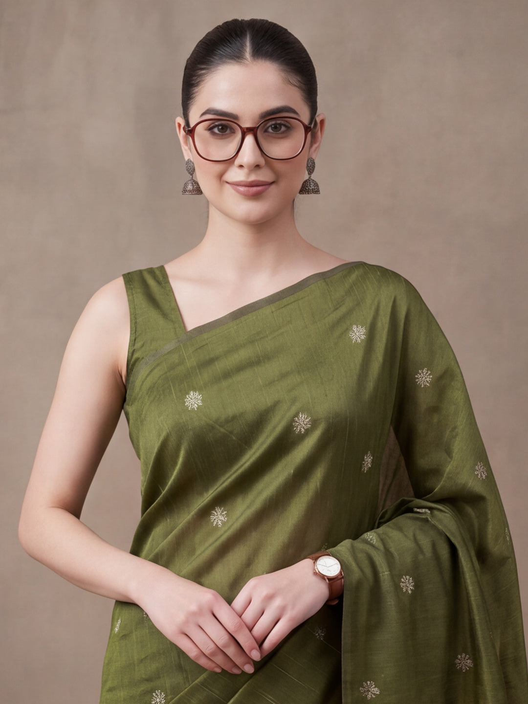 Women Olive Green Floral Woven Saree with Jacquard Border & Tassel Pallu