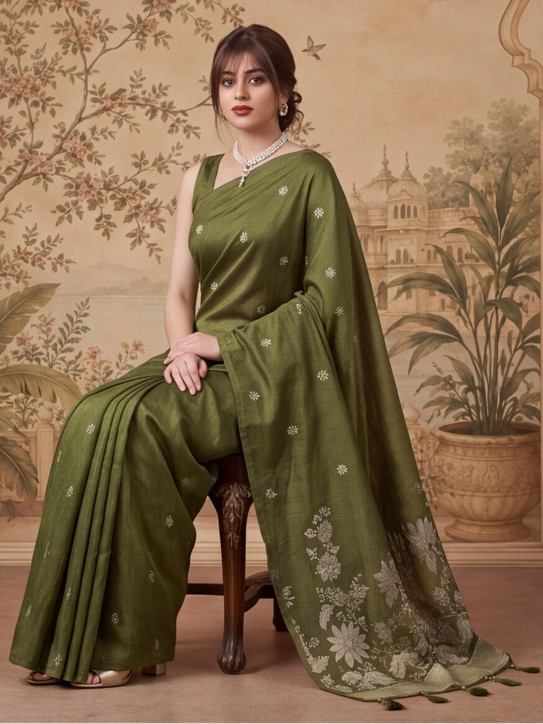 Women Olive Green Floral Woven Saree with Jacquard Border & Tassel Pallu