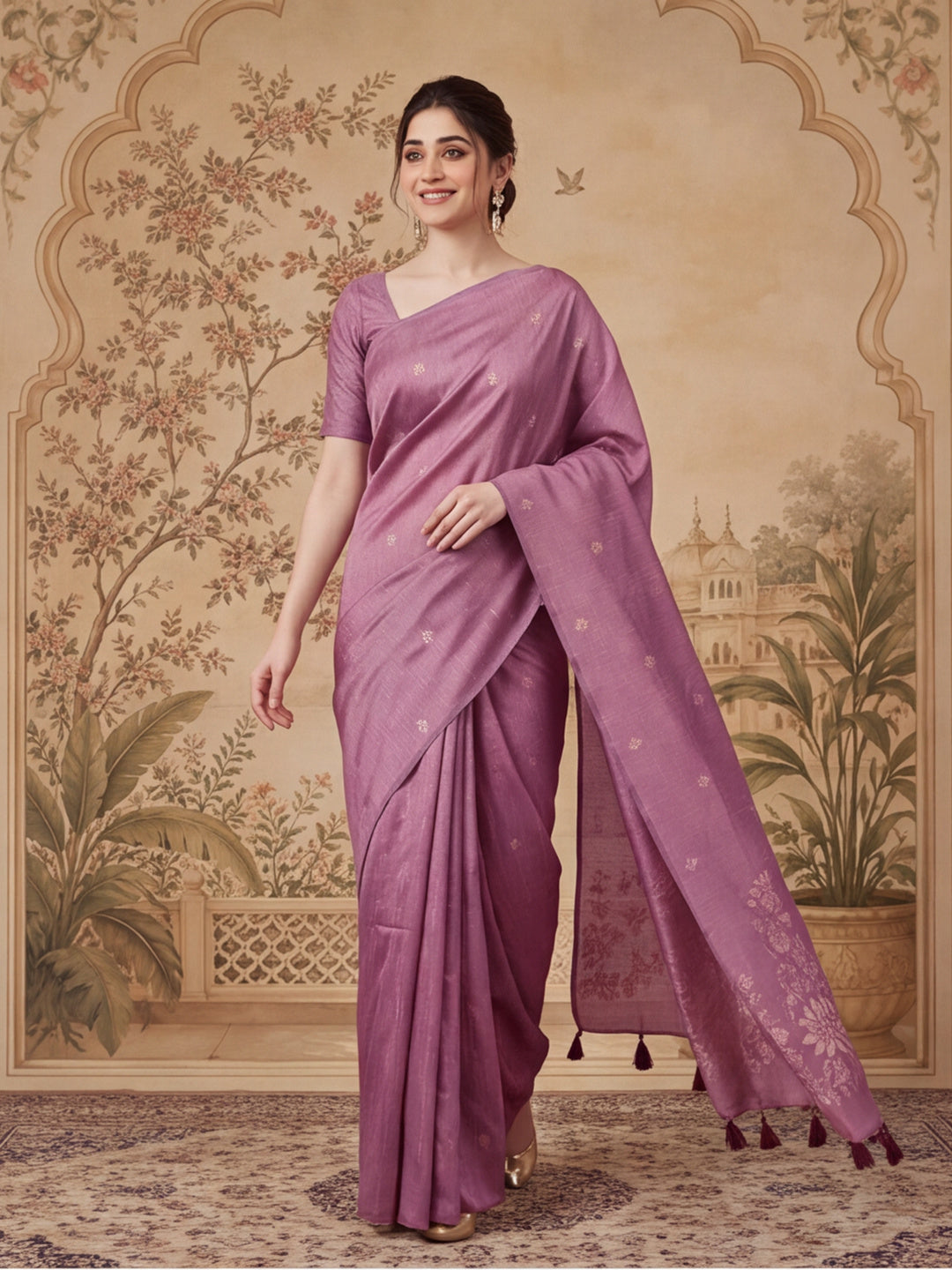Women Mauve Pink Floral Woven Design Saree with Tassel Detail Pallu