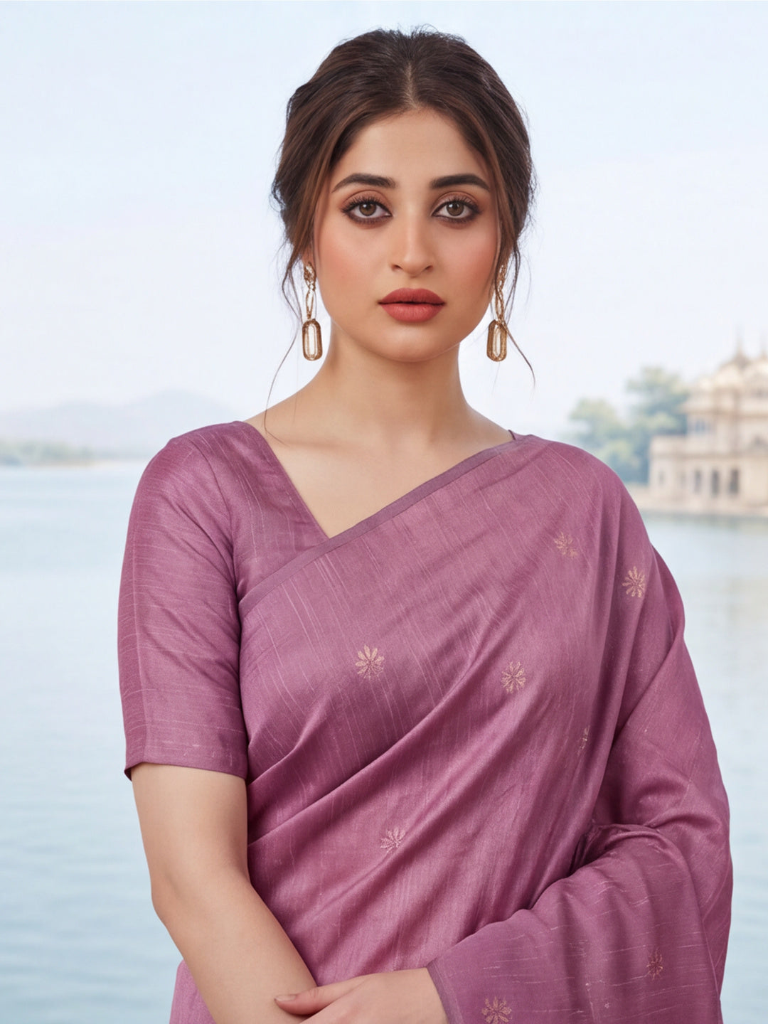 Women Mauve Pink Floral Woven Design Saree with Tassel Detail Pallu