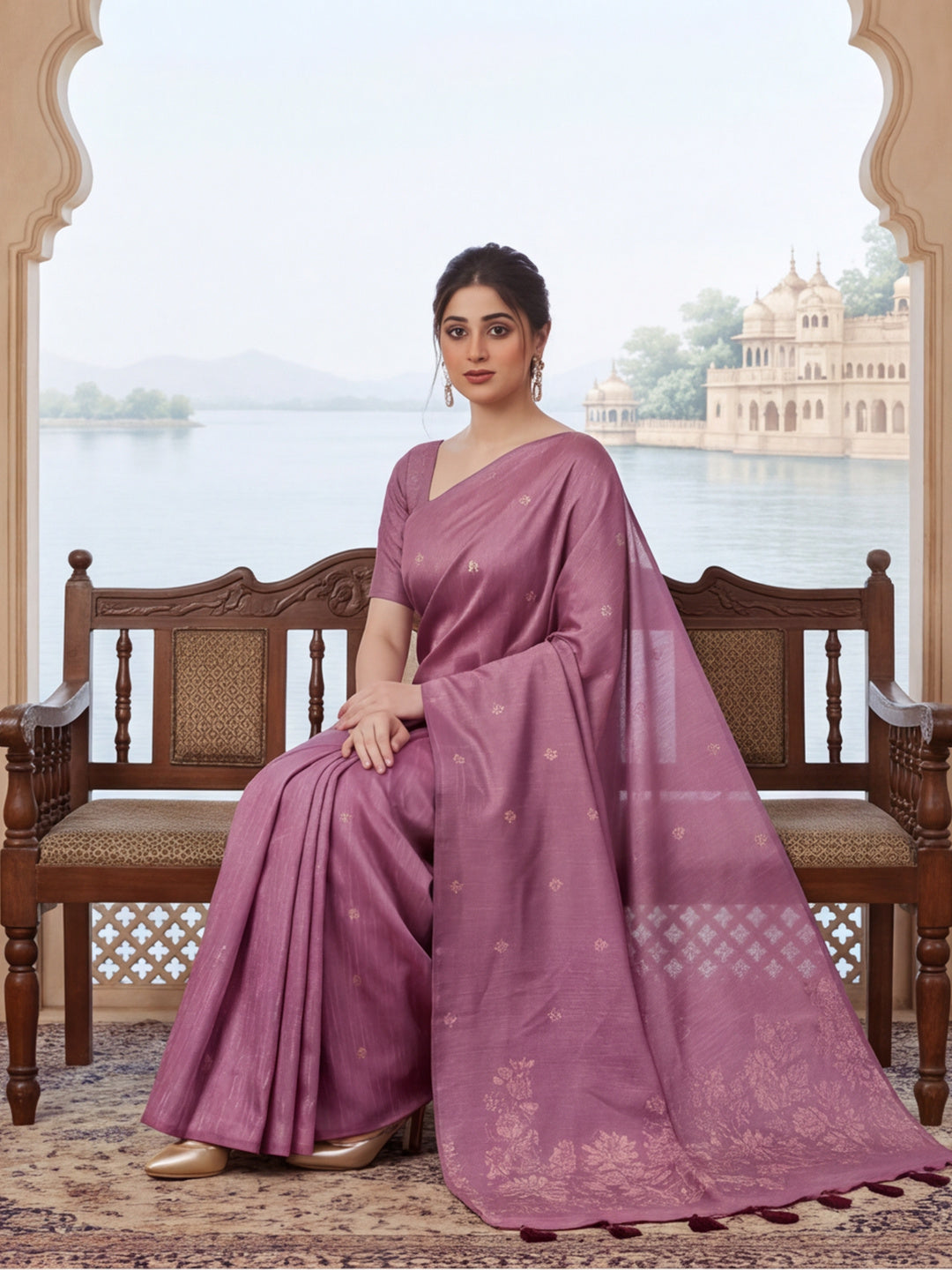 Women Mauve Pink Floral Woven Design Saree with Tassel Detail Pallu