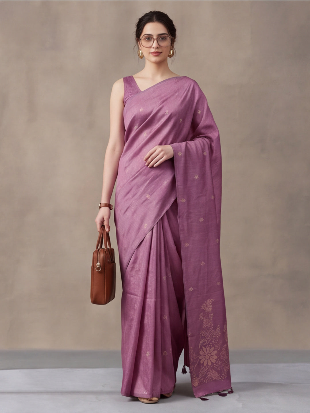 Women Mauve Pink Floral Woven Design Saree with Tassel Detail Pallu