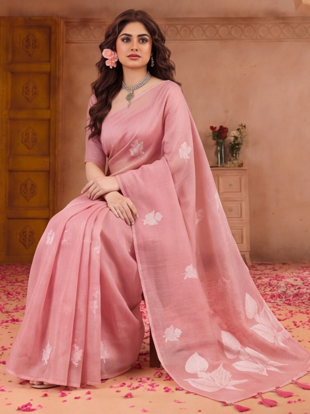 Women Dusty Pink Floral Woven Design Saree with Tassel Detail Pallu