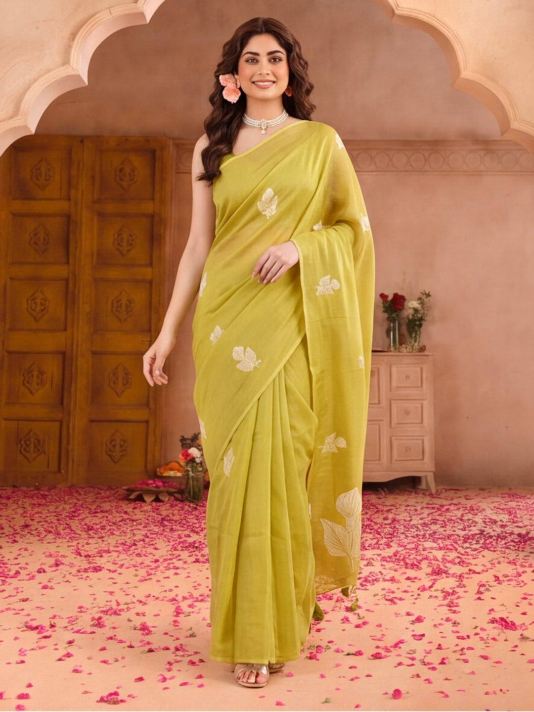 Women Lime Green Floral Woven Design Saree with Tassel Detail Pallu