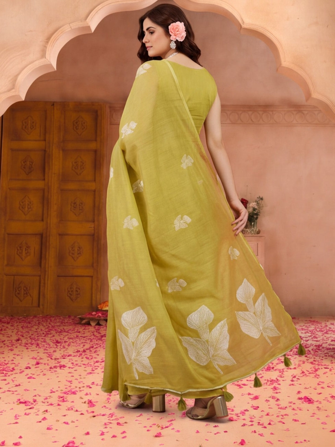 Women Lime Green Floral Woven Design Saree with Tassel Detail Pallu
