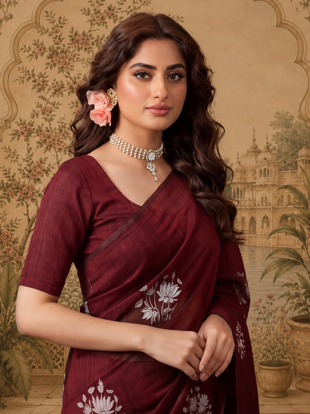 Women Maroon Floral Woven Design Saree with Tassel Detail Pallu