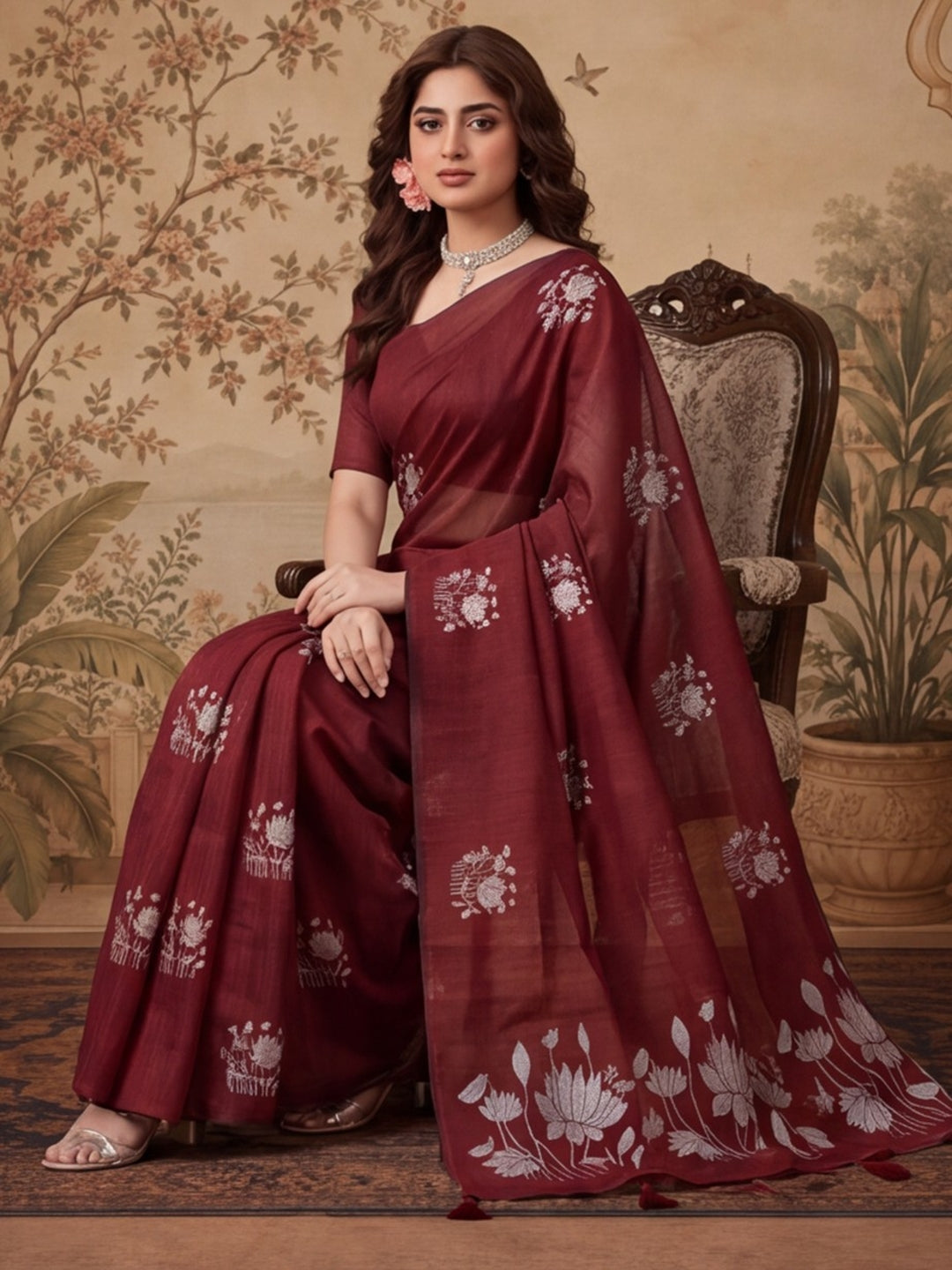 Women Maroon Floral Woven Design Saree with Tassel Detail Pallu