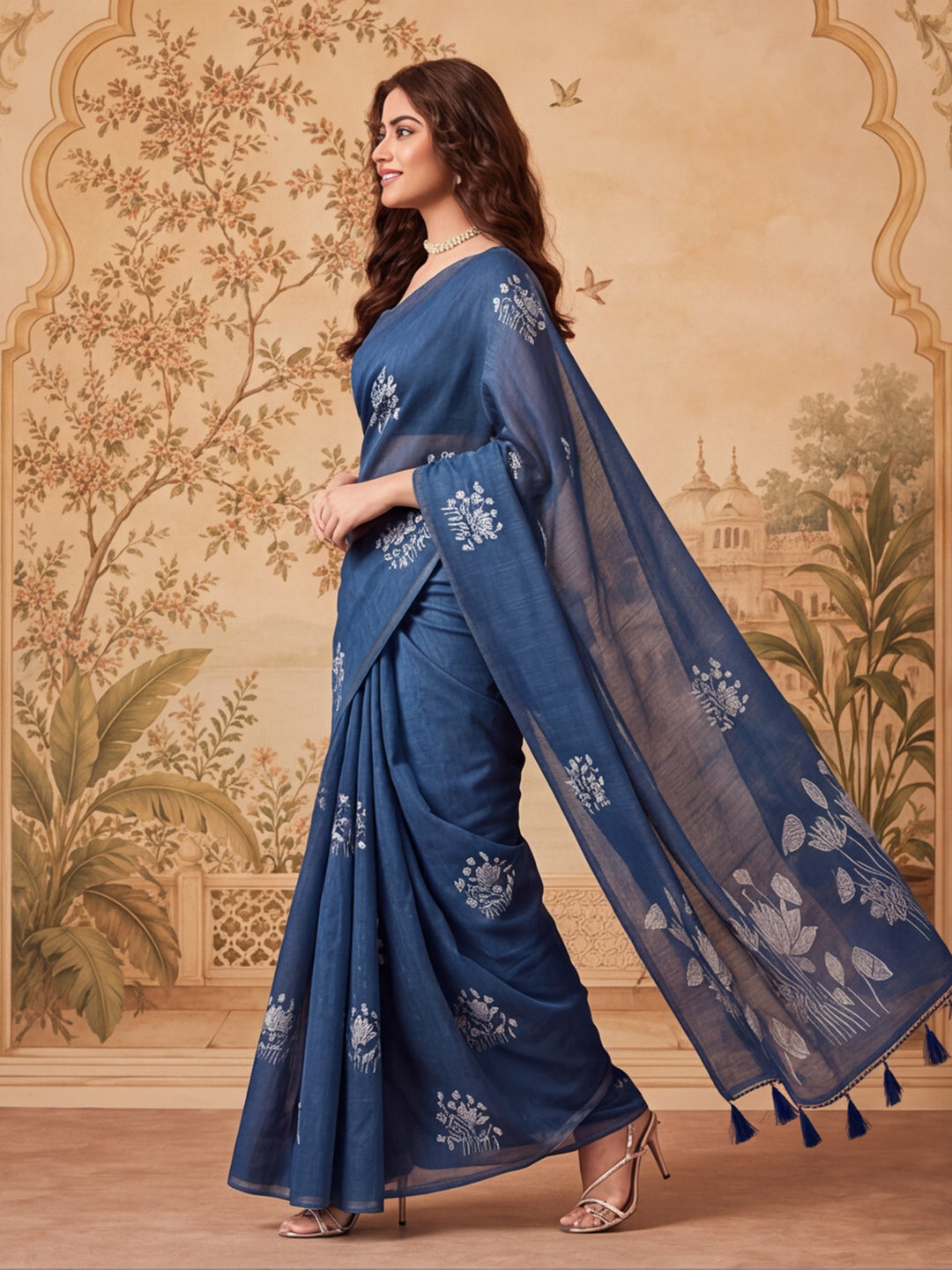 Women Blue Floral Woven Design Saree with Tassel Detail Pallu