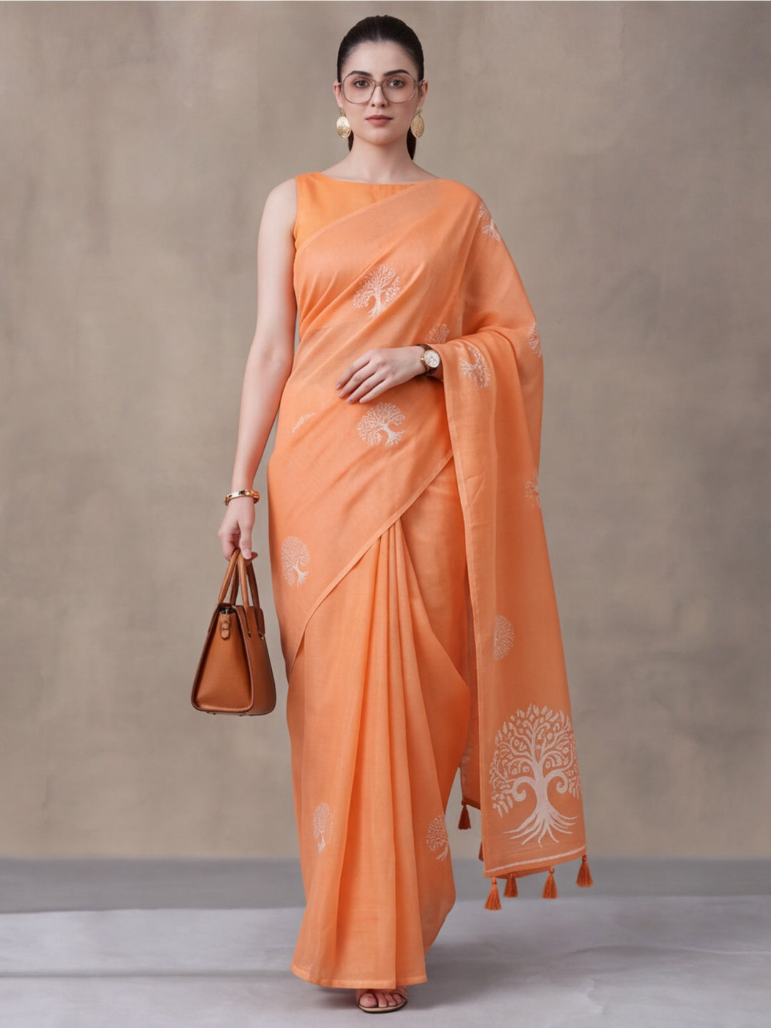 Women Peach Ethnic Tree Print Saree with Tassel Pallu and Artistic Design