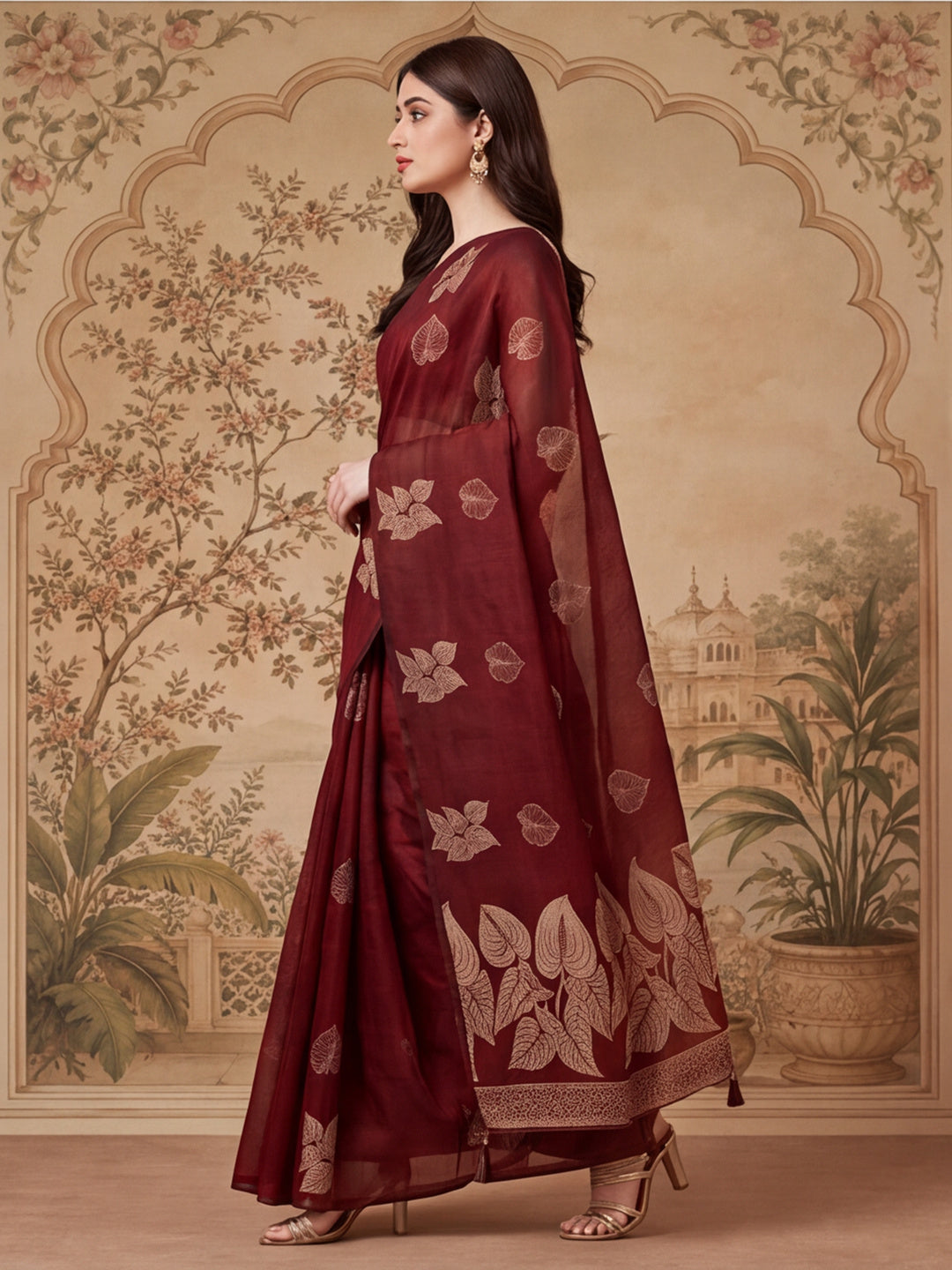 Women Maroon Leaf Motif Woven Saree with Tassel Detail Pallu