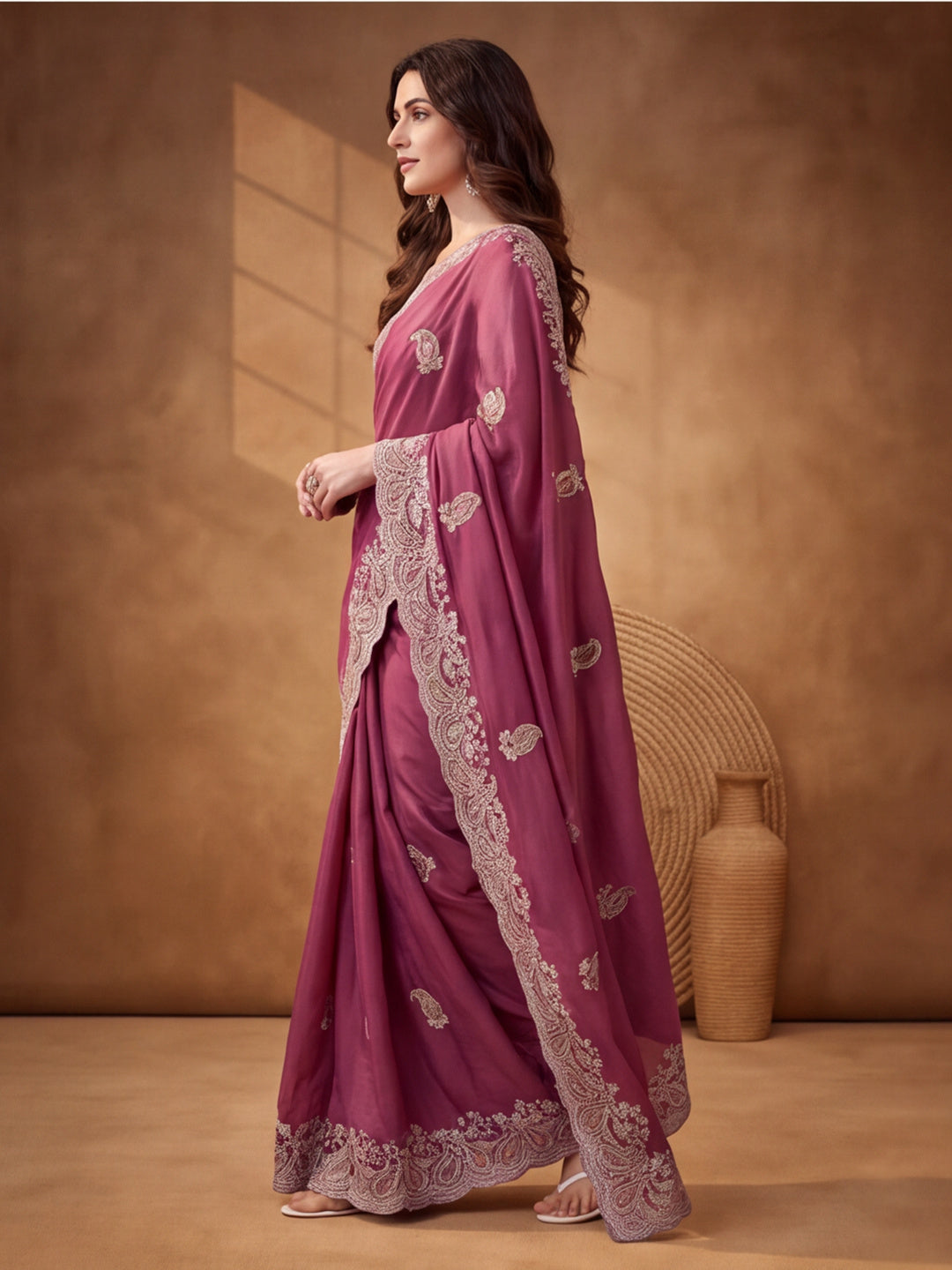 Pink Embroidered Saree with Paisley Motifs