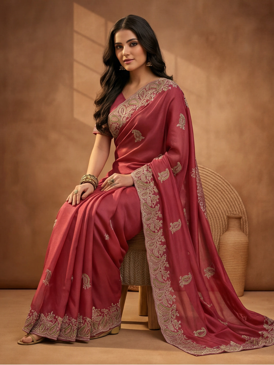 Peach Embroidered Saree with Paisley Motifs