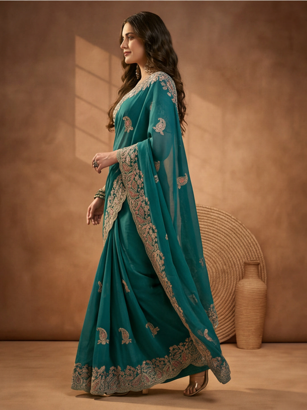 Teal Blue Embroidered Saree with Paisley Motifs