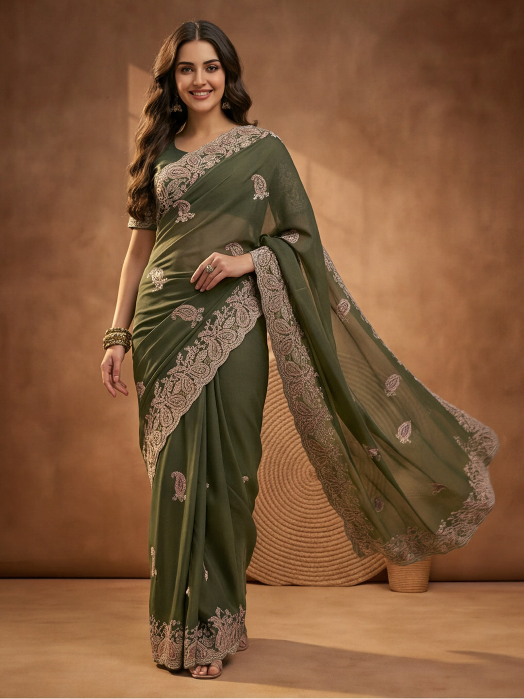 Olive Green Embroidered Saree with Paisley Motifs