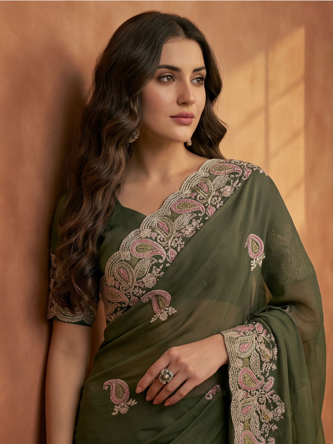 Olive Green Embroidered Saree with Paisley Motifs