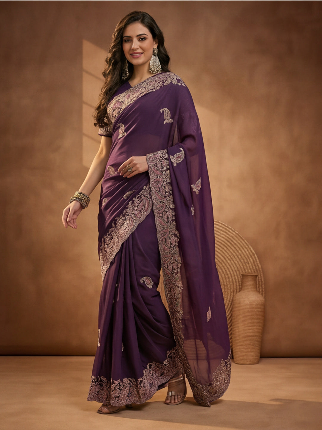 Purple Embroidered Saree with Paisley Motifs