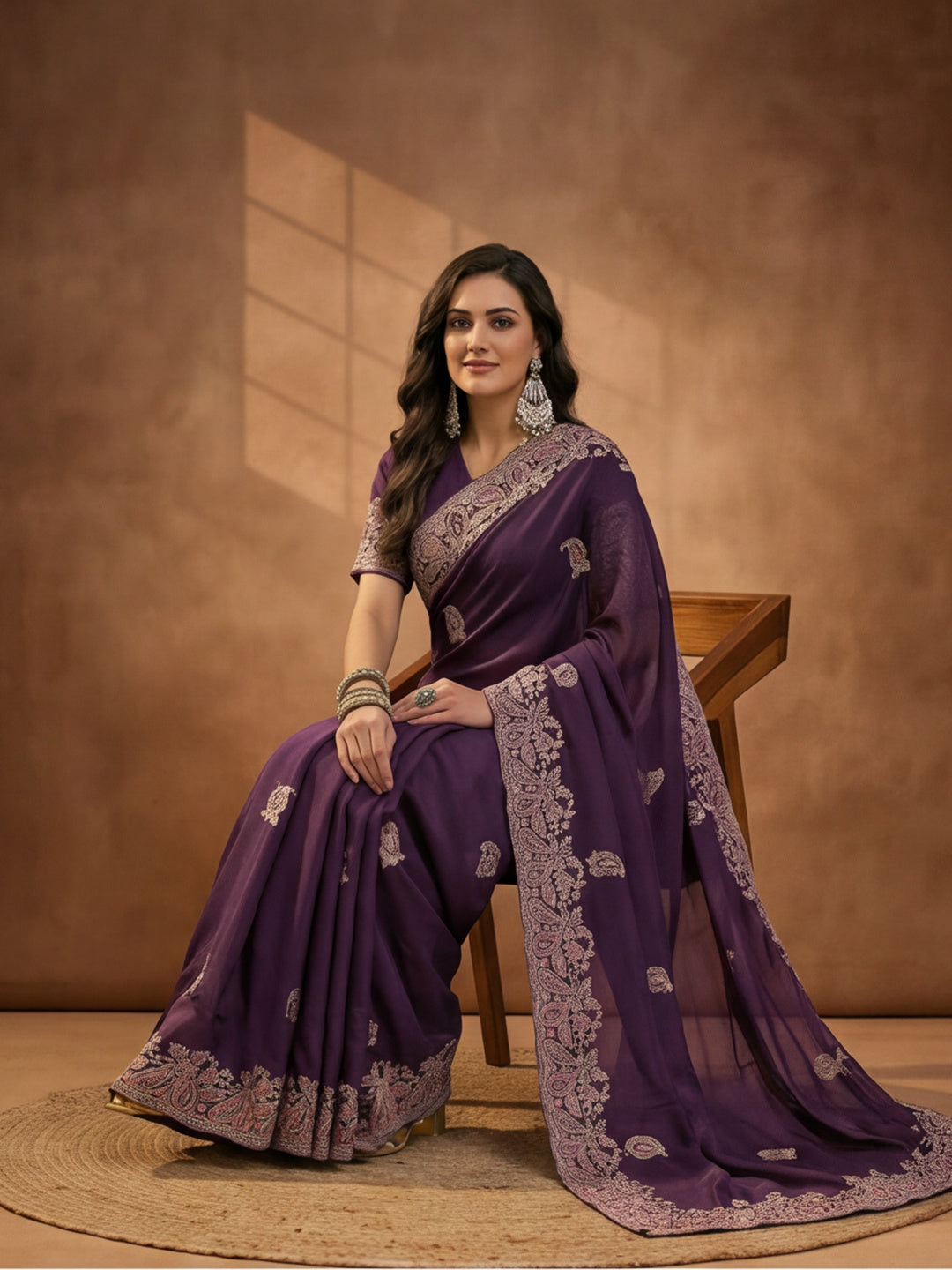 Purple Embroidered Saree with Paisley Motifs