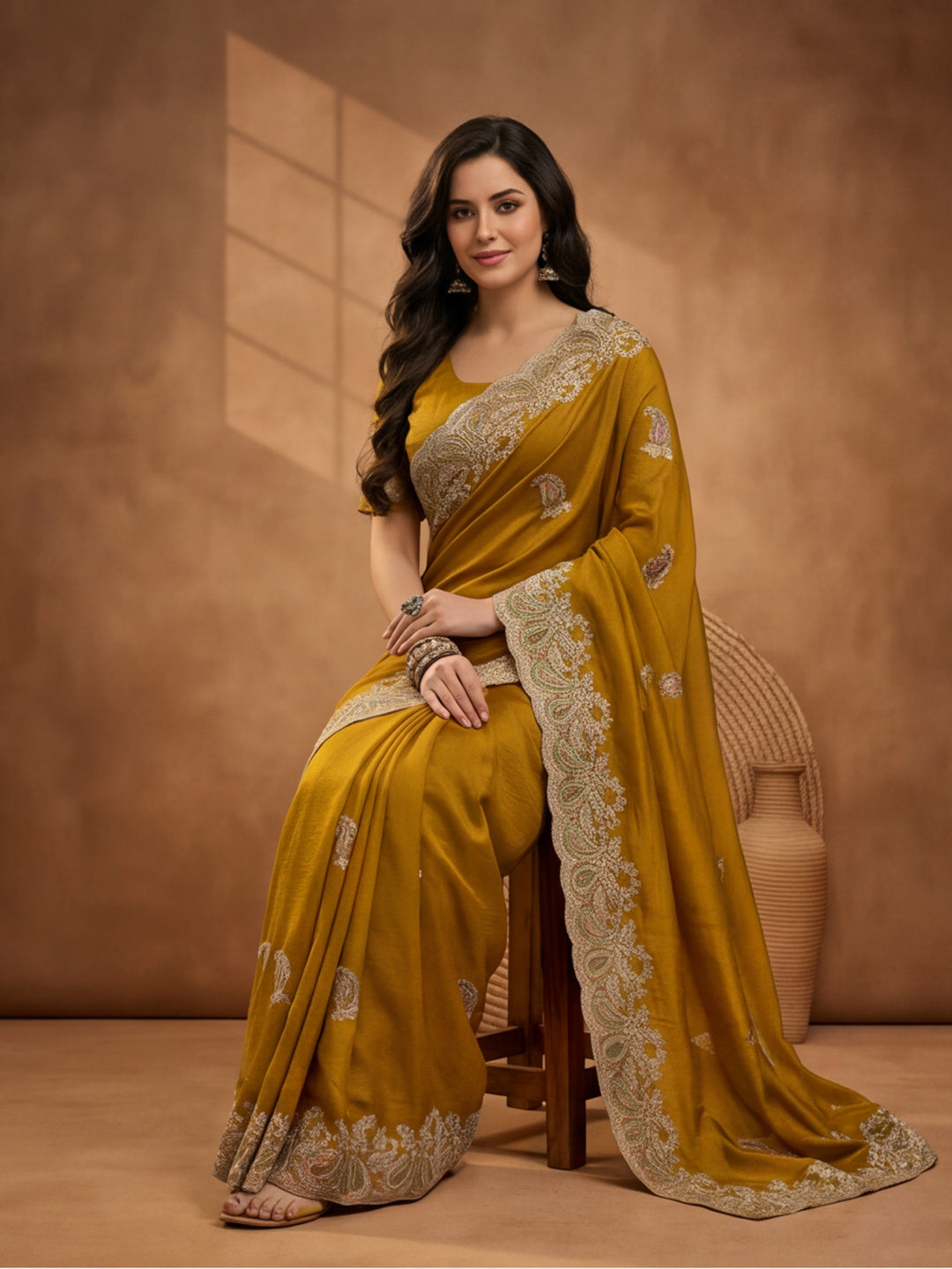 Mustard Embroidered Saree with Paisley Motifs