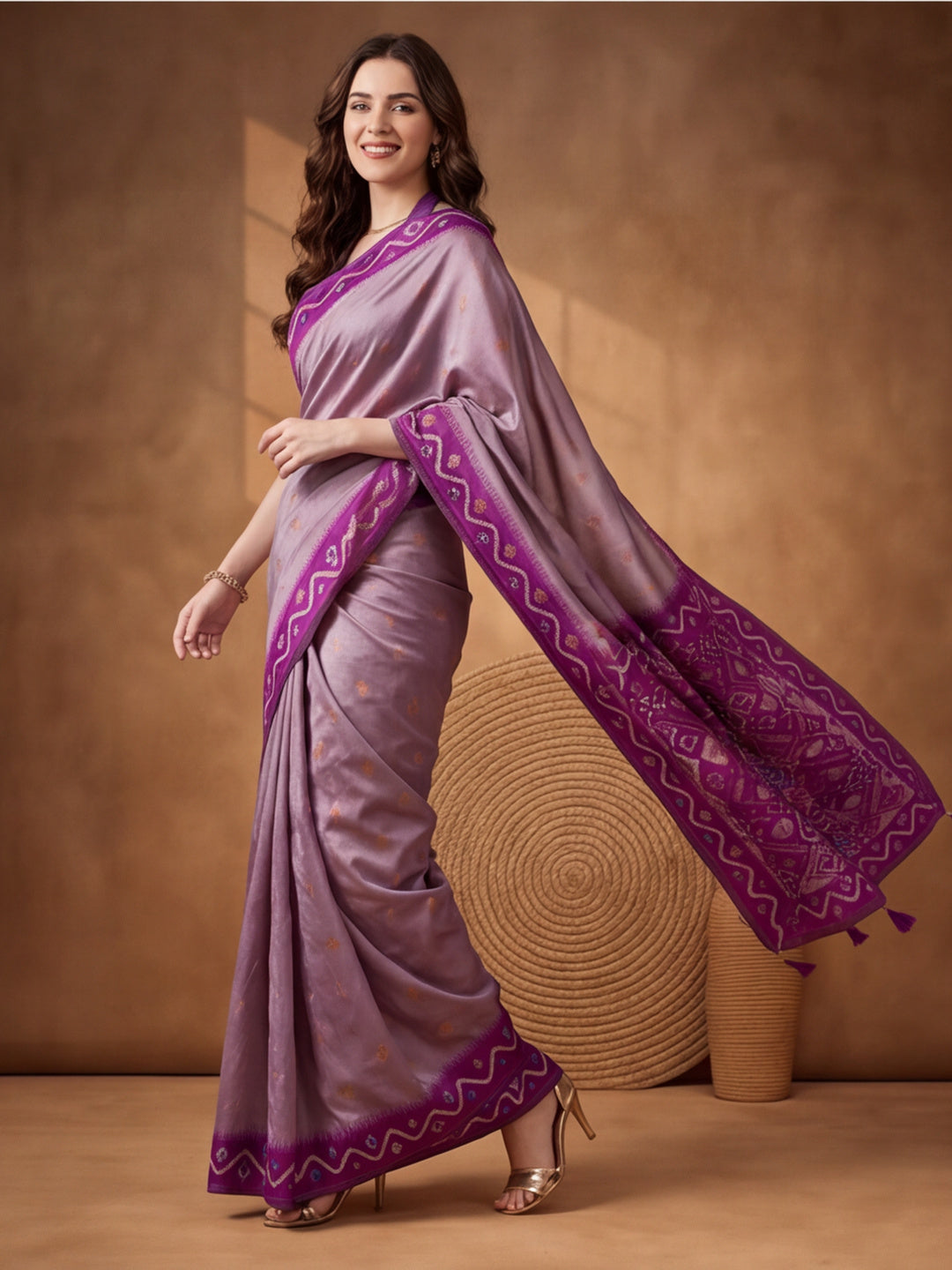 Women Lavender Woven Saree with Ethnic Jacquard Border and Designer Pallu