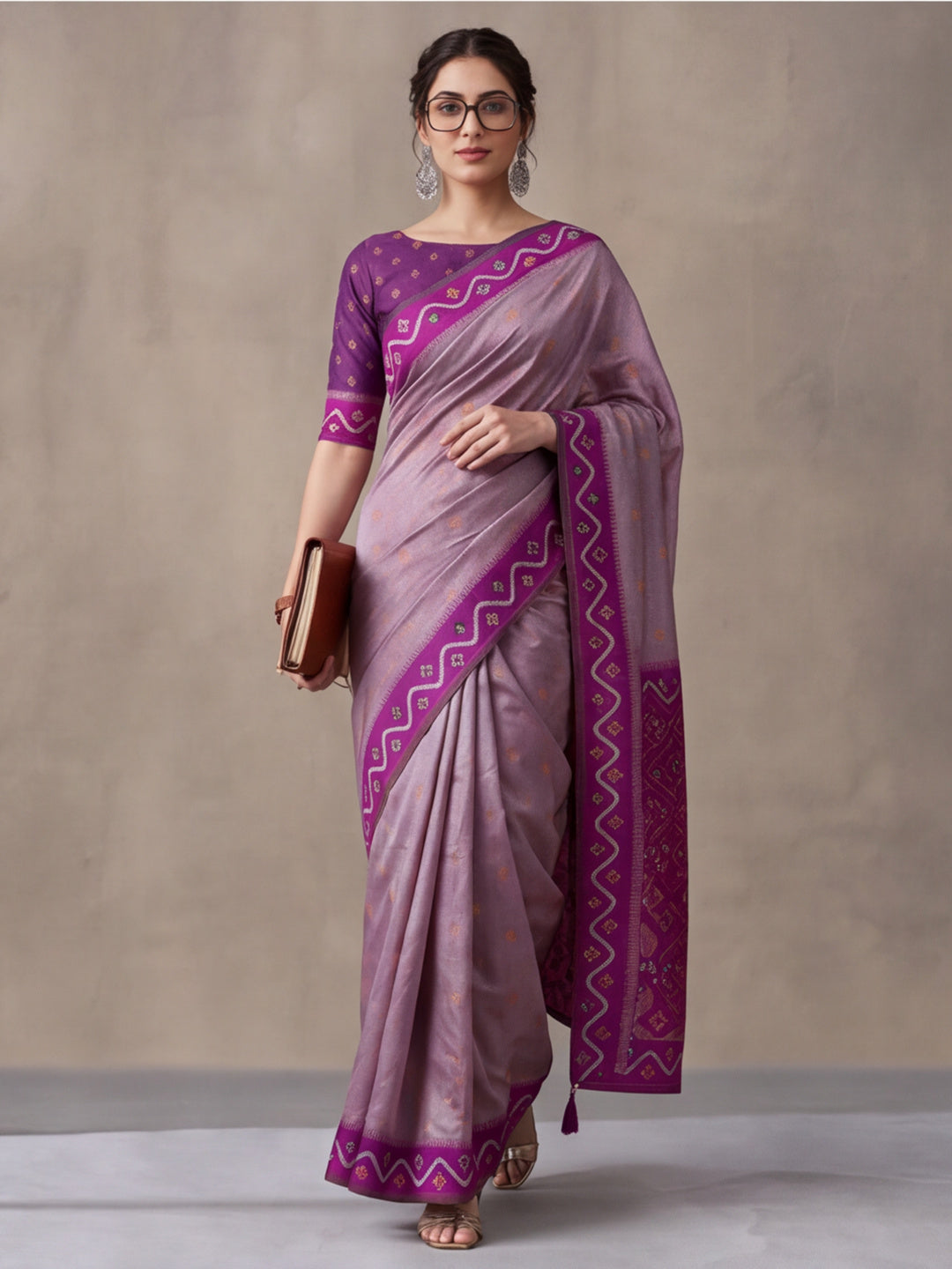 Women Lavender Woven Saree with Ethnic Jacquard Border and Designer Pallu