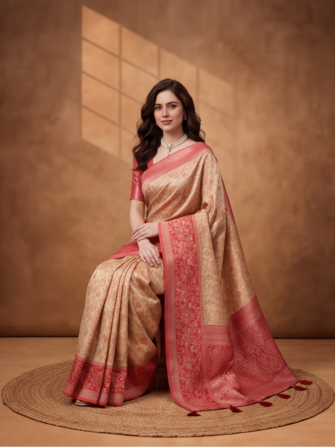 Women Cream & Coral Red Woven Banarasi Saree with Rich Jacquard Border