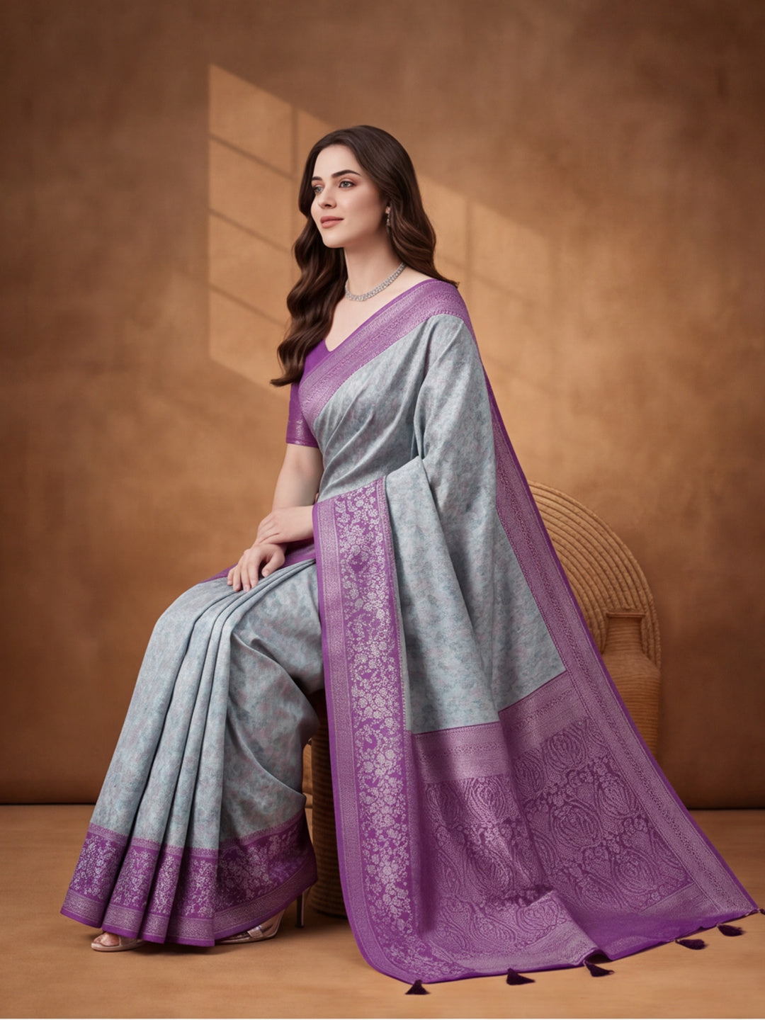 Women Sea Green & Purple Woven Banarasi Saree with Rich Jacquard Border