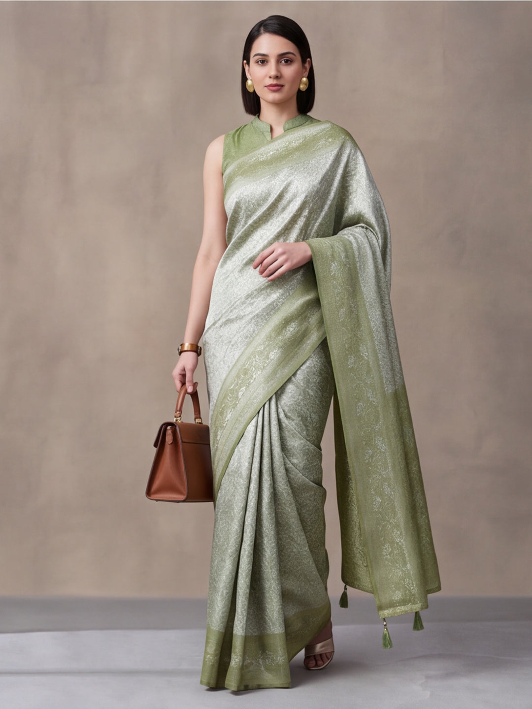 Women Sage Green Jacquard Woven Saree with Rich Ethnic Border and Tassel Detail