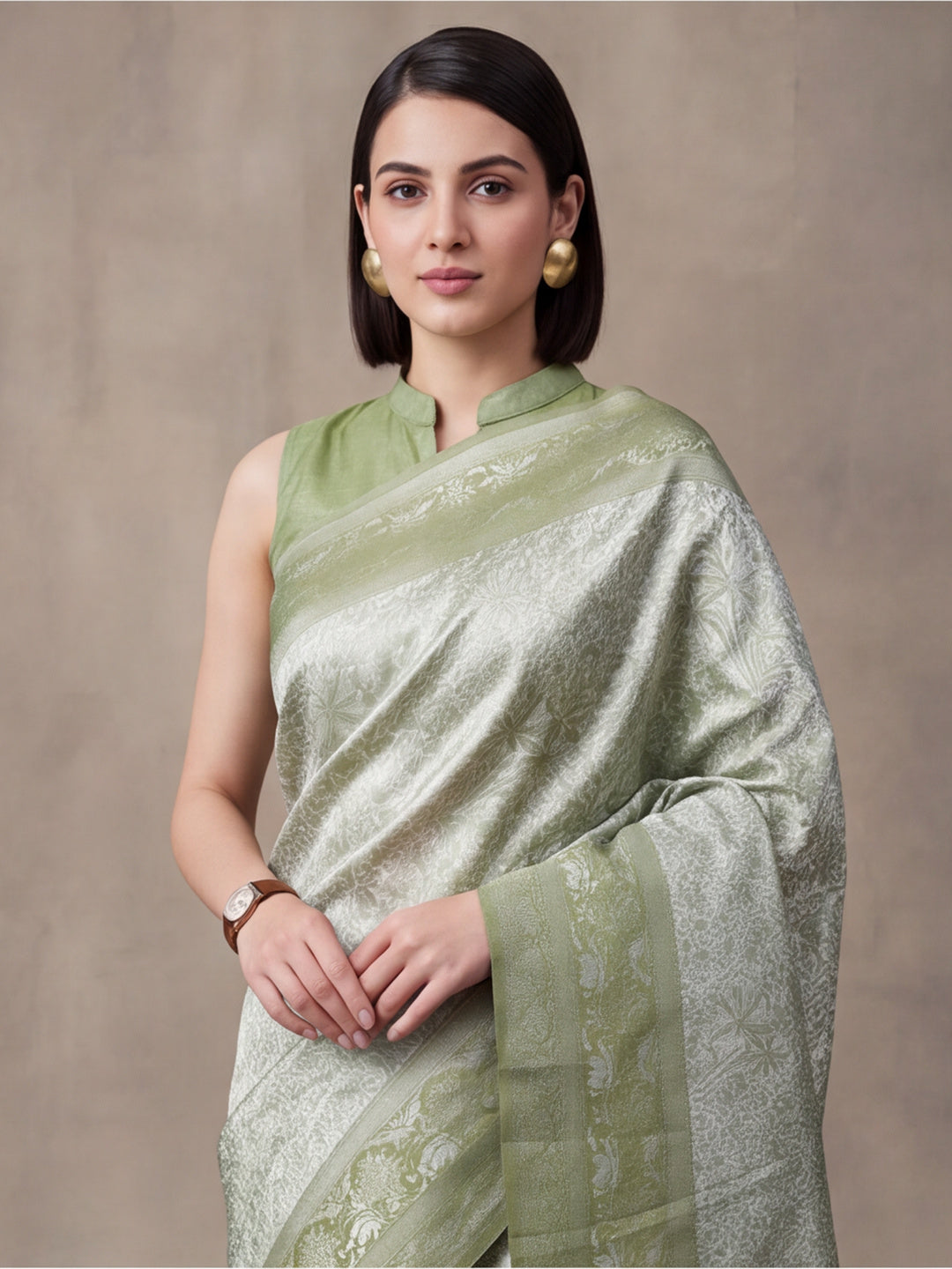 Women Sage Green Jacquard Woven Saree with Rich Ethnic Border and Tassel Detail