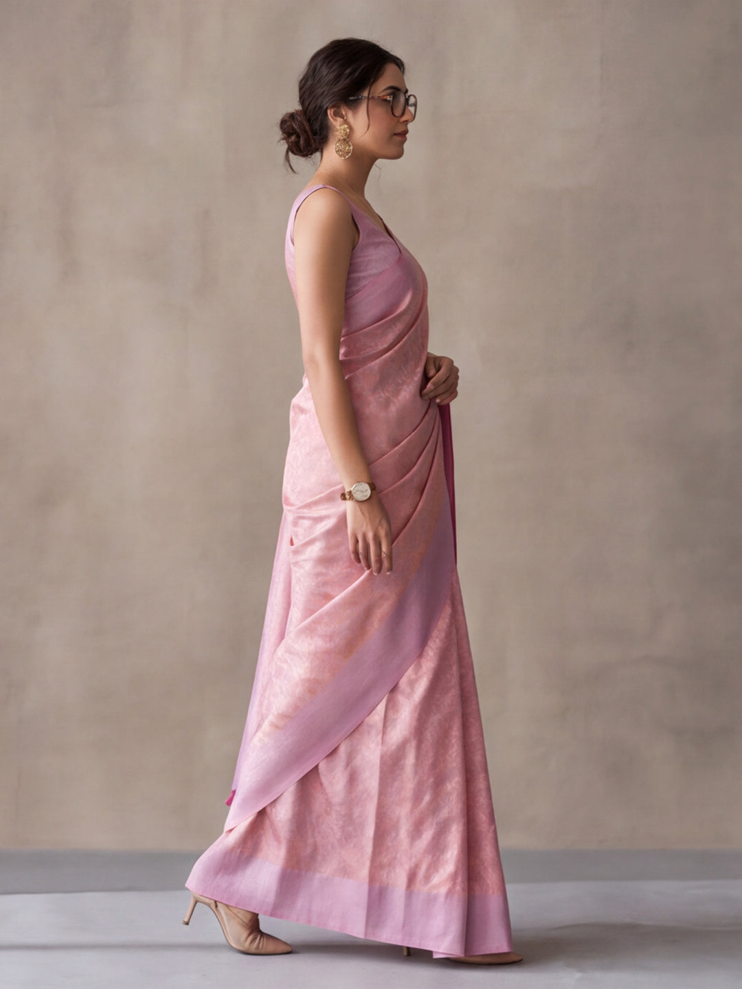 Women Peach Jacquard Woven Saree with Elegant Self Design and Rich Pallu