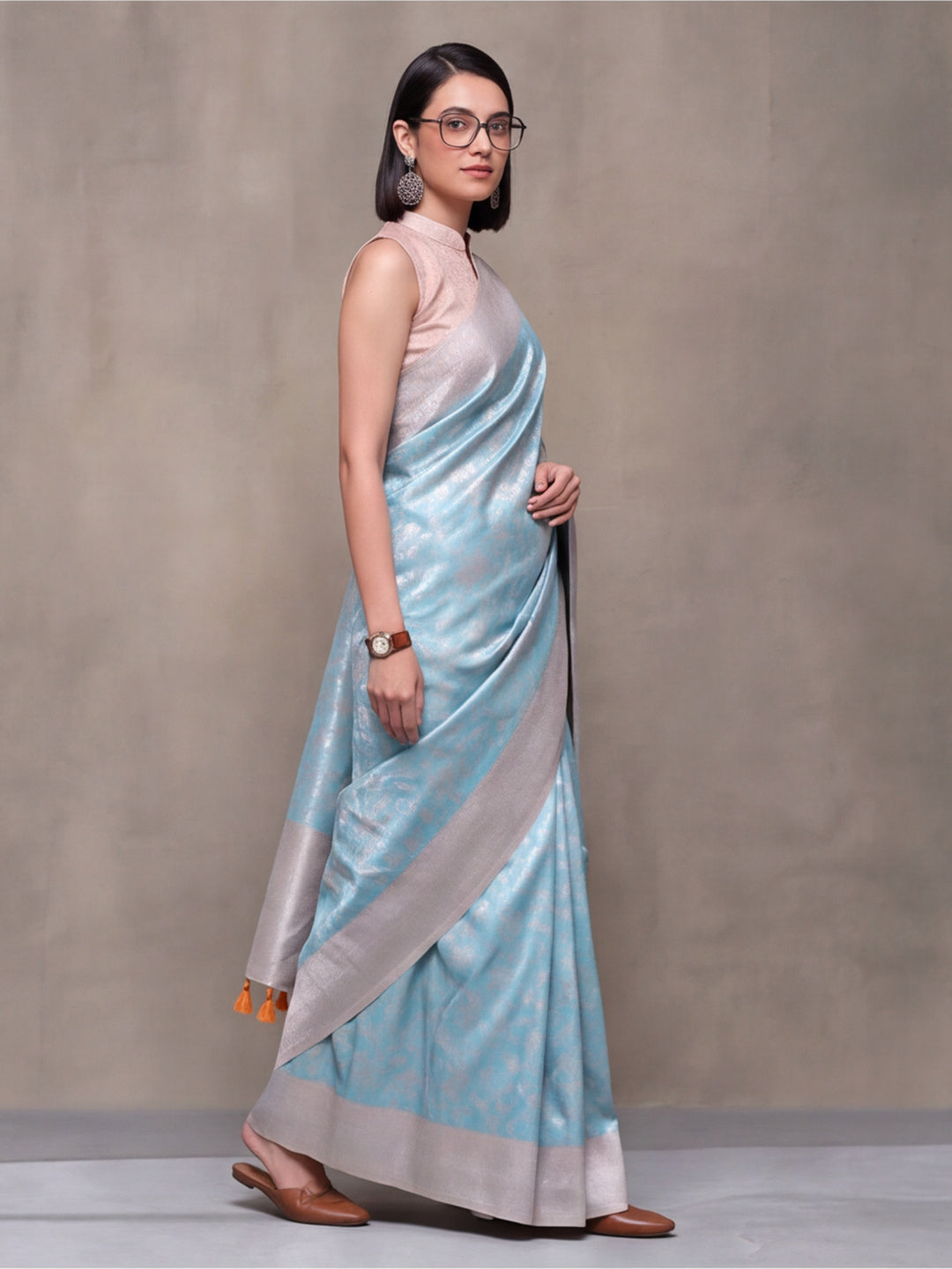 Women Aqua Blue Jacquard Woven Saree with Elegant Self Design and Rich Pallu