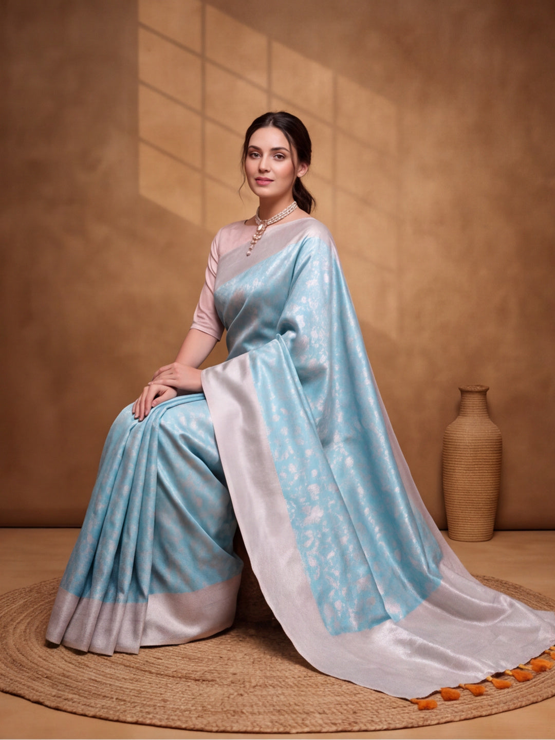 Women Aqua Blue Jacquard Woven Saree with Elegant Self Design and Rich Pallu