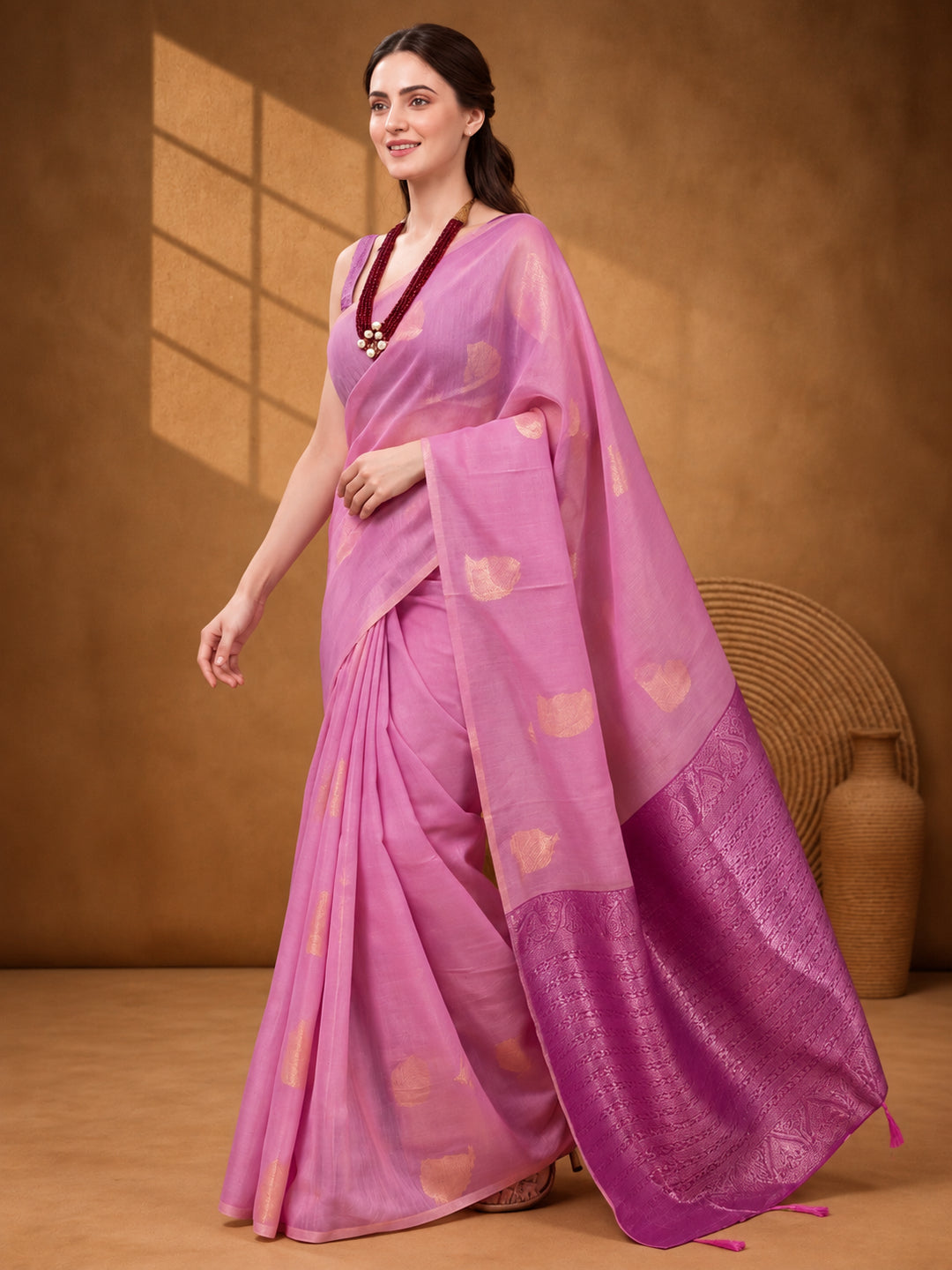 Women Pink Woven Saree with Zari Motifs and Contrast Jacquard Pallu
