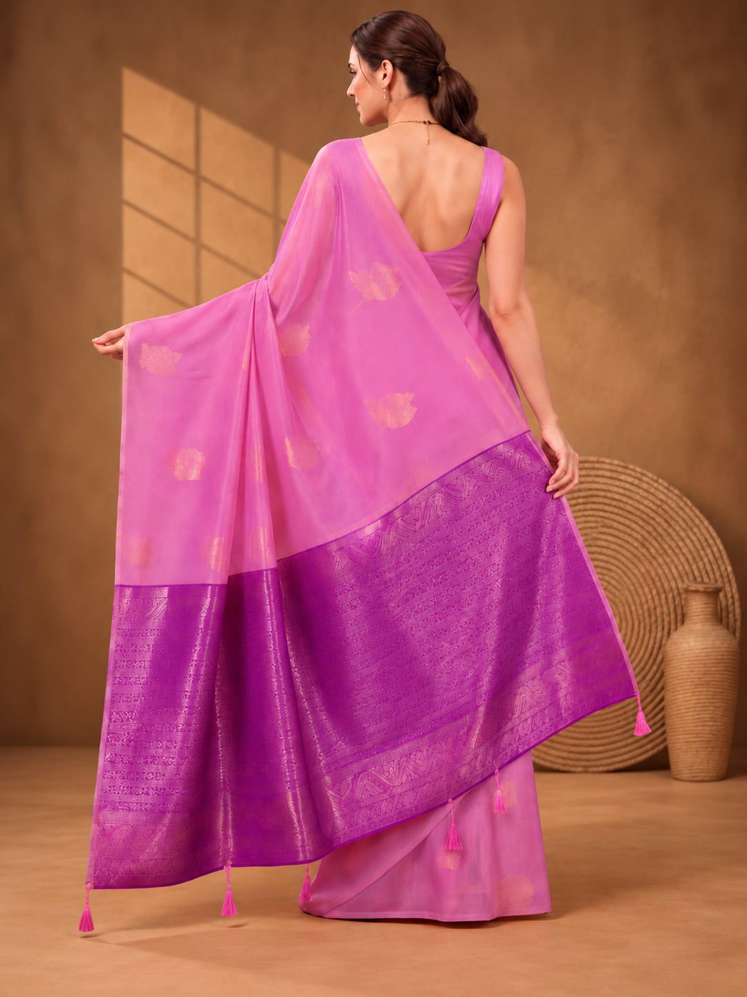 Women Pink Woven Saree with Zari Motifs and Contrast Jacquard Pallu